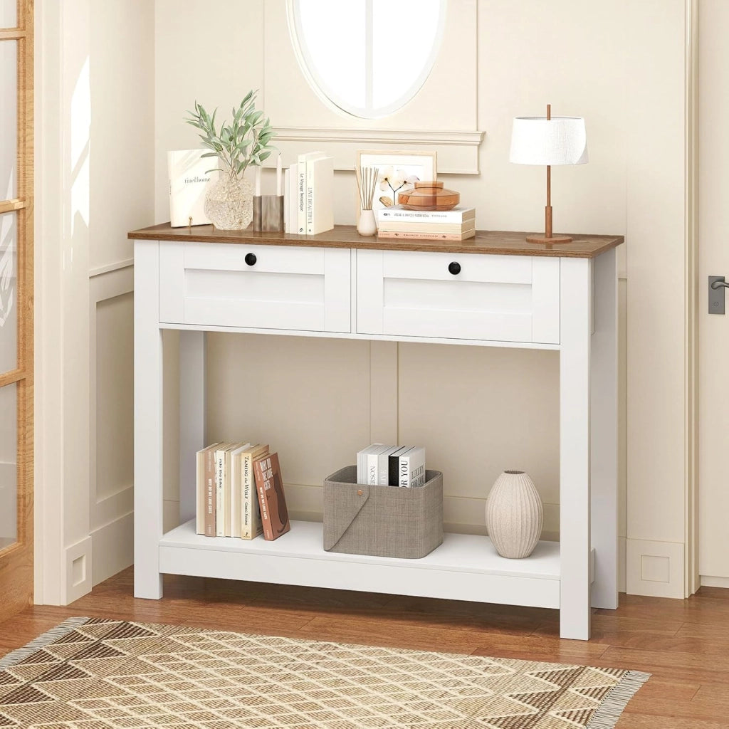 Tavolo consolle in legno a 2 livelli, mobile d'ingresso con 2 cassetti e ripiano inferiore, 106 x 30 x 81,5 cm, stile rustico, tavolino ausiliario stretto per soggiorno, corridoio