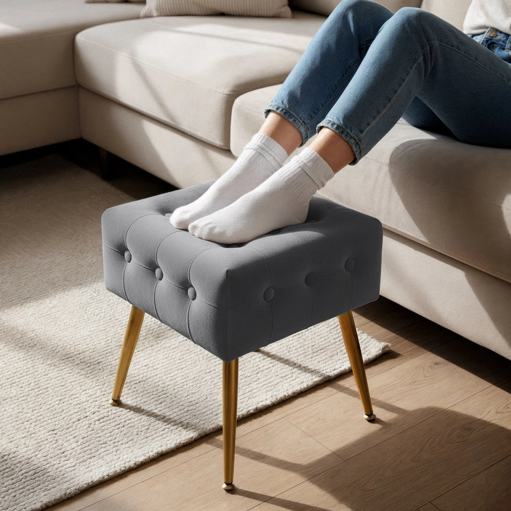 Pouf sgabello in velluto trapuntato 40 cm QUADRA Grigio Scuro