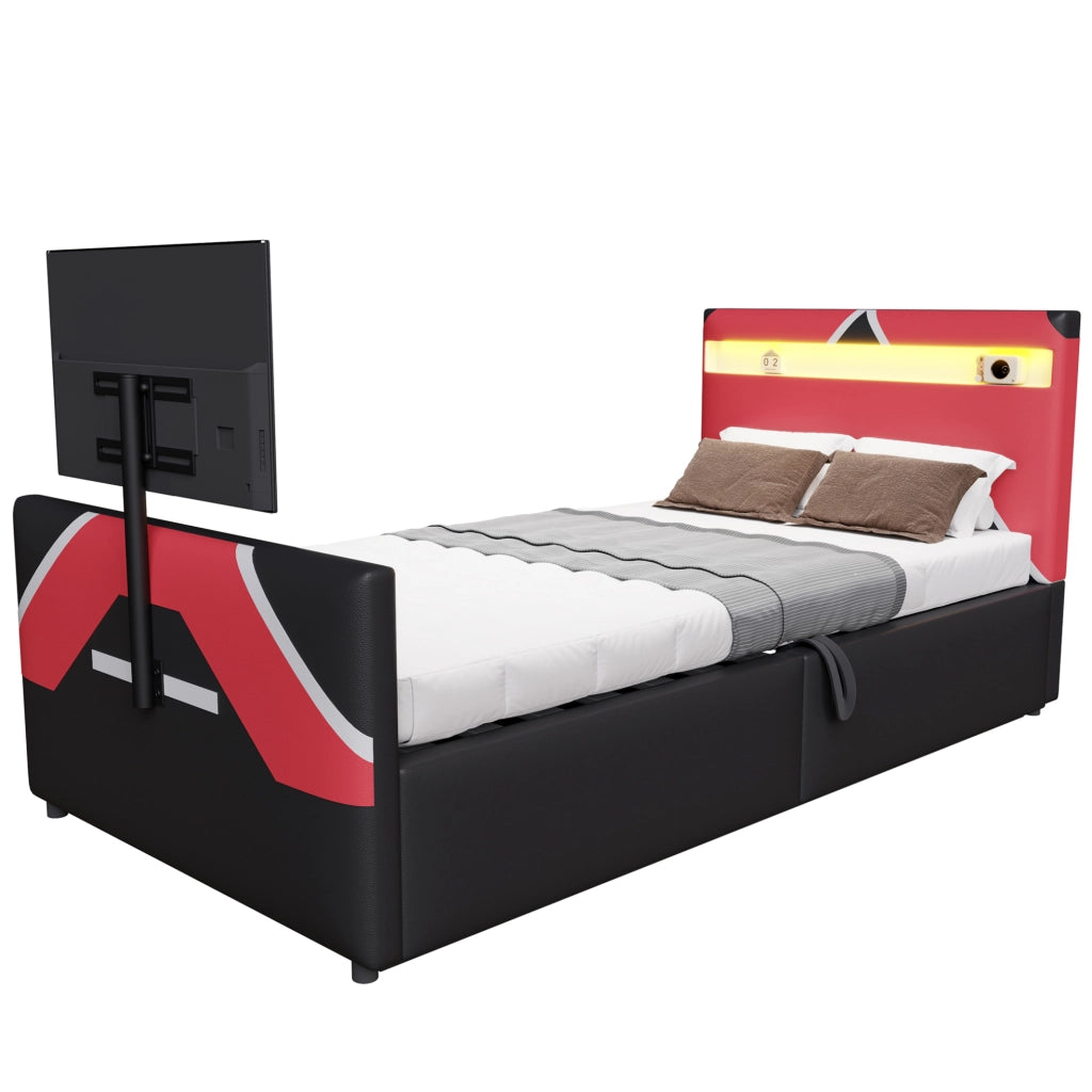 Letto imbottito per bambini 90x200 cm in stile e-sport con LED; TV e contenitore; nero
