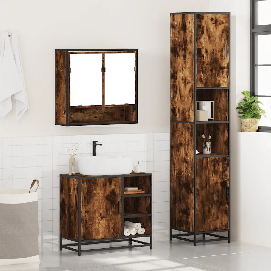 Set Mobili da Bagno 3 pz Rovere Fumo in Legno Multistrato 3301117