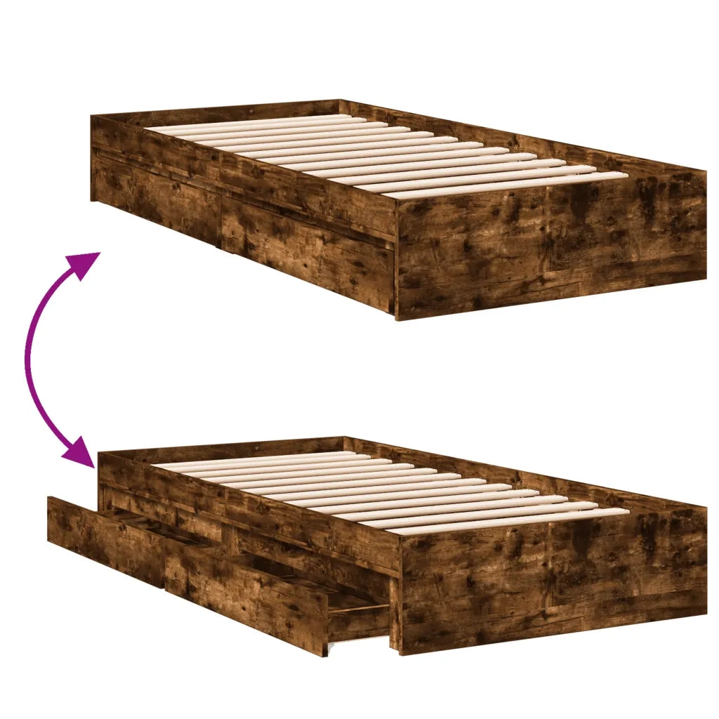 Letto singolo | Letto per adulti | Giroletto con Cassetti Rovere Fumo 90x200 cm Legno Multistrato