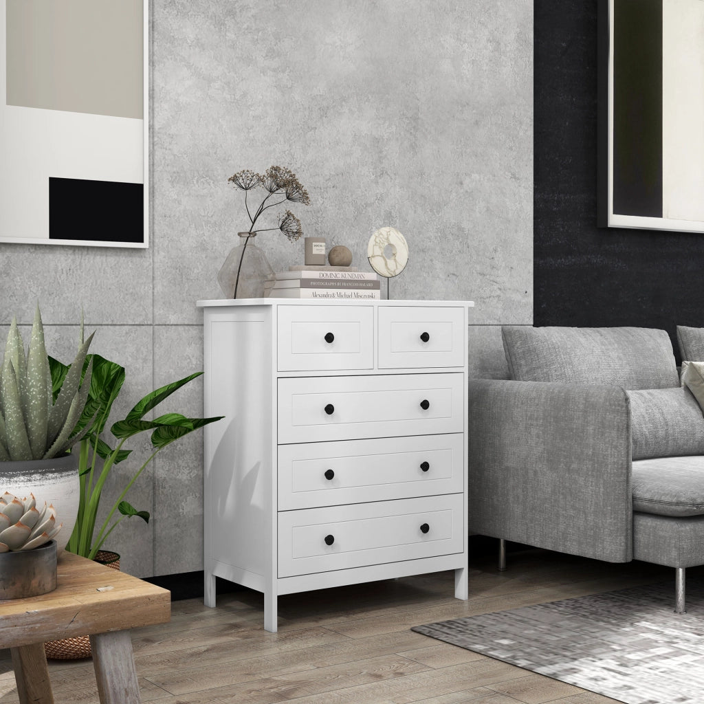 Cassettiera con 5 Cassetti in Legno Salvaspazio e Antiribaltamento, 74x40x91cm, Bianco