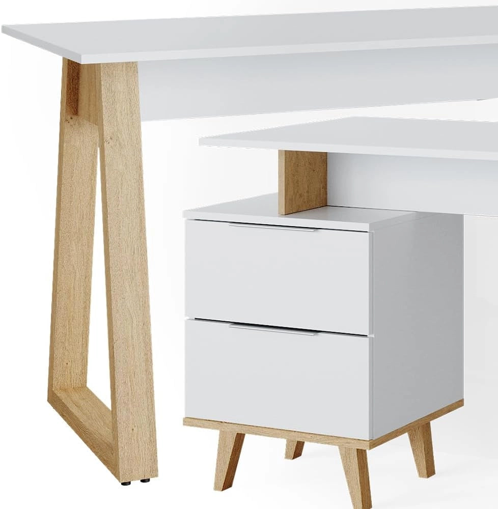 Scrivania Nautica, Bianco, 138 x 60 cm con cassetti L, adatto per postazioni di lavoro al computer e uso in home office