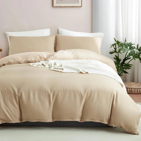 Set di coperte da letto a wafel, 135 x 200 cm, taupe, kaki, disegno a wafel, microfibra, coperta da letto con cuscino 80 x 80 cm, wafel piqué, set di coperte da letto reversibile, per tutte le stagioni
