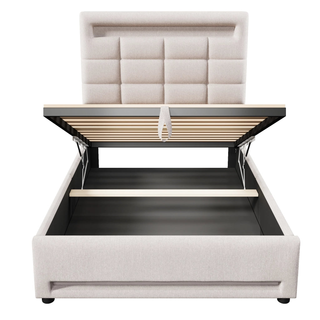 Letto contenitore singolo 90×200 cm con LED; APP; USB e vano idraulico; senza materasso; lino; beige