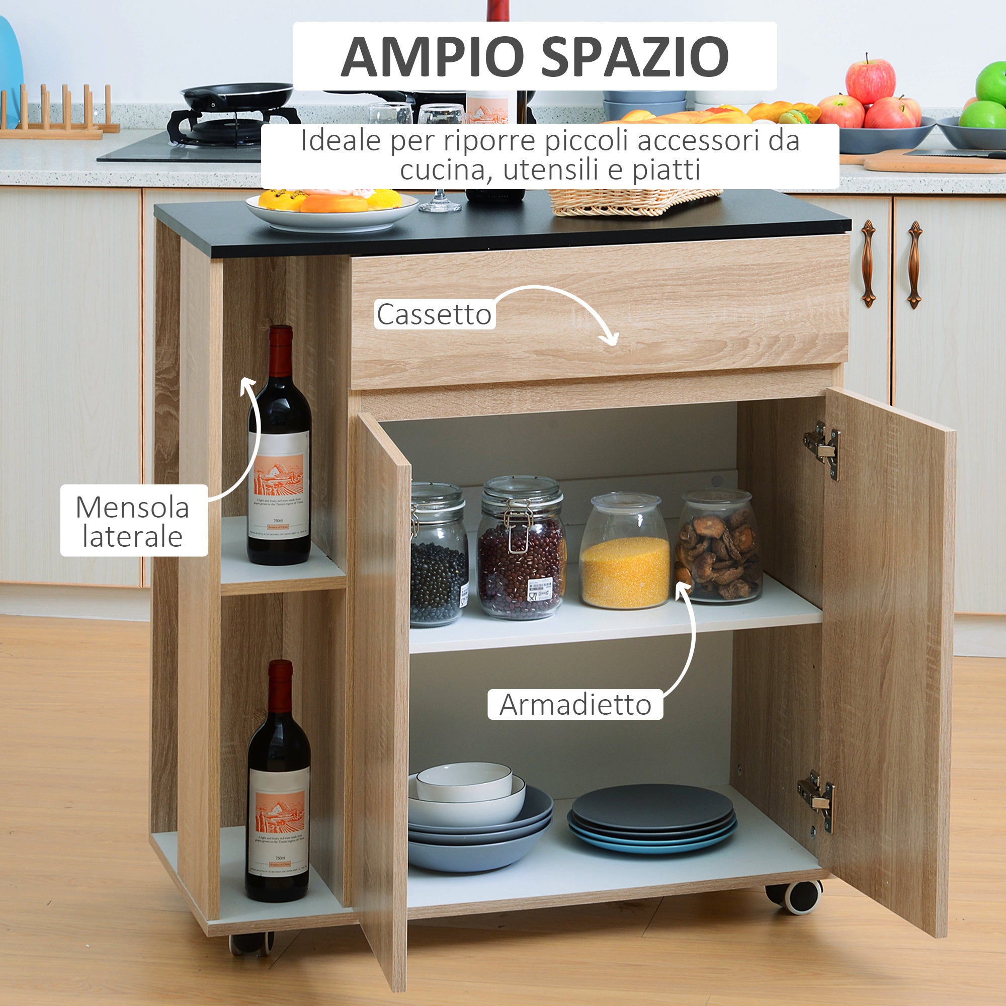 Easycomfort Carrello da Cucina con Ruote, Carrello Cucina con Cassetti Armadietto in Legno Truciolato 78x39.5x88.5cm