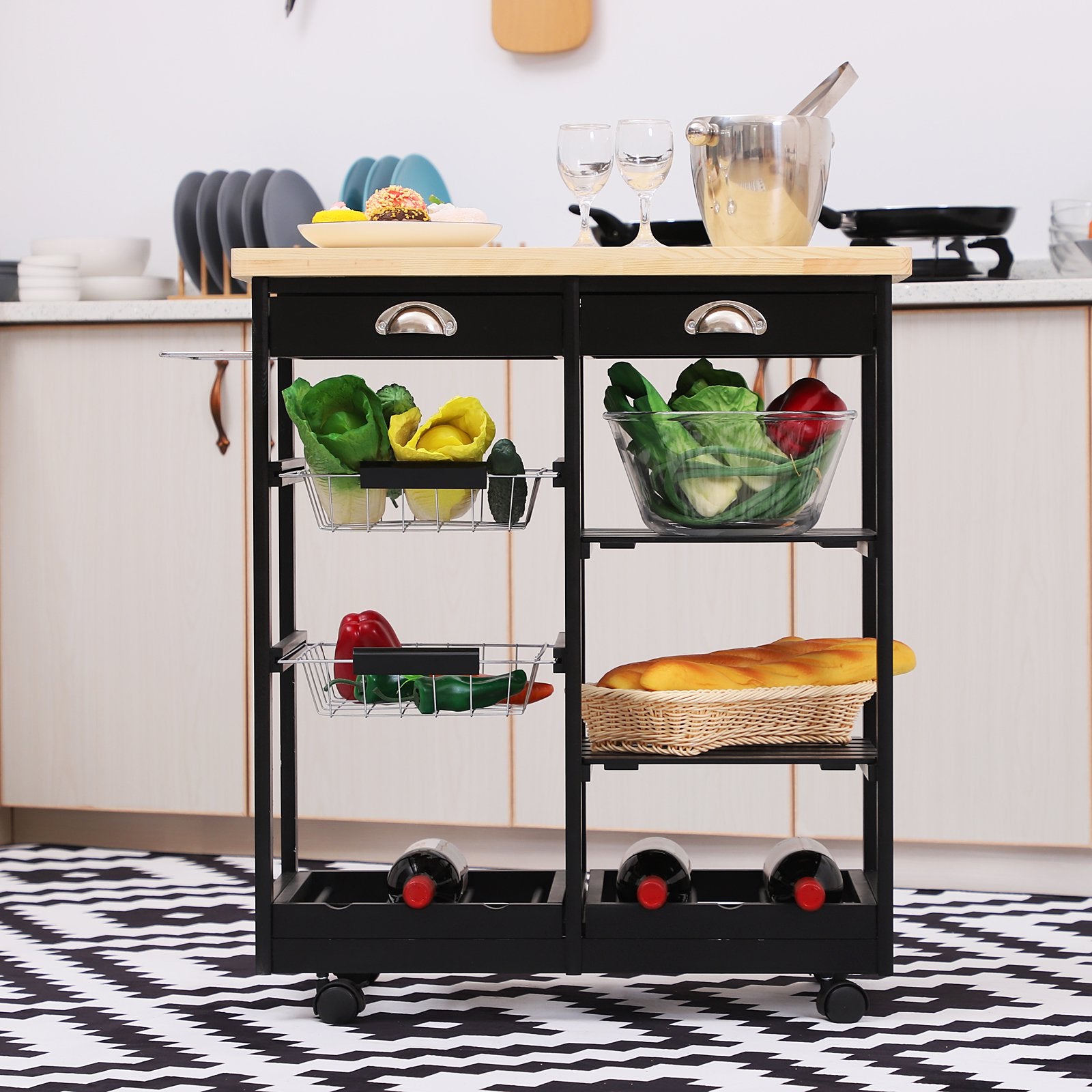 Easycomfort Carrello da Cucina Multiuso in Legno di Pino 74 x 37 x 75cm Nero