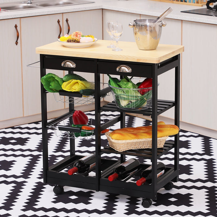 Easycomfort Carrello da Cucina Multiuso in Legno di Pino 74 x 37 x 75cm Nero