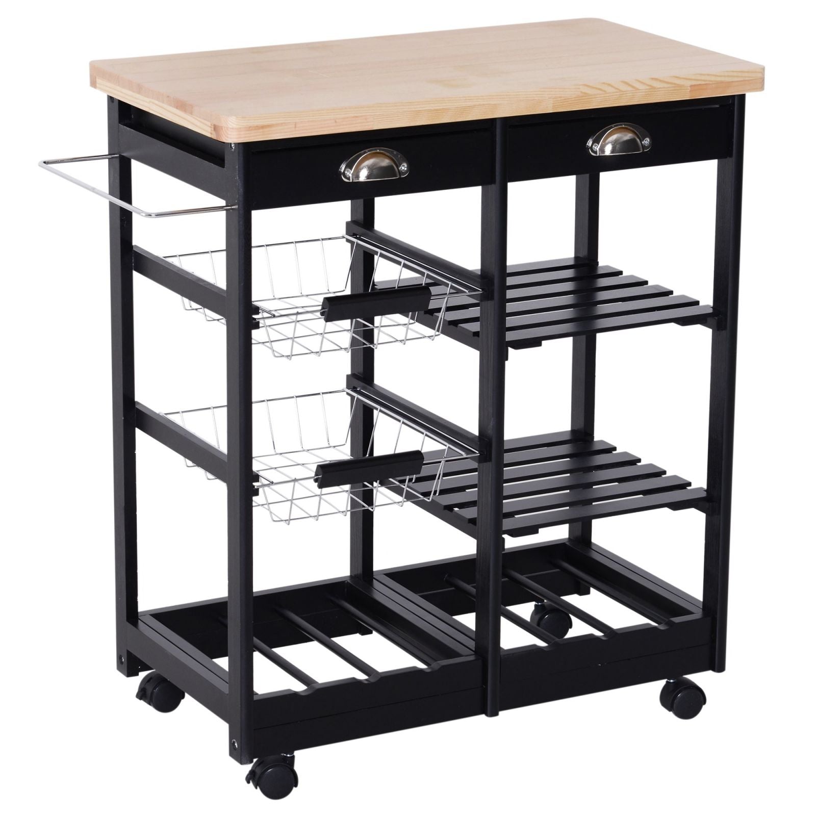 Easycomfort Carrello da Cucina Multiuso in Legno di Pino 74 x 37 x 75cm Nero