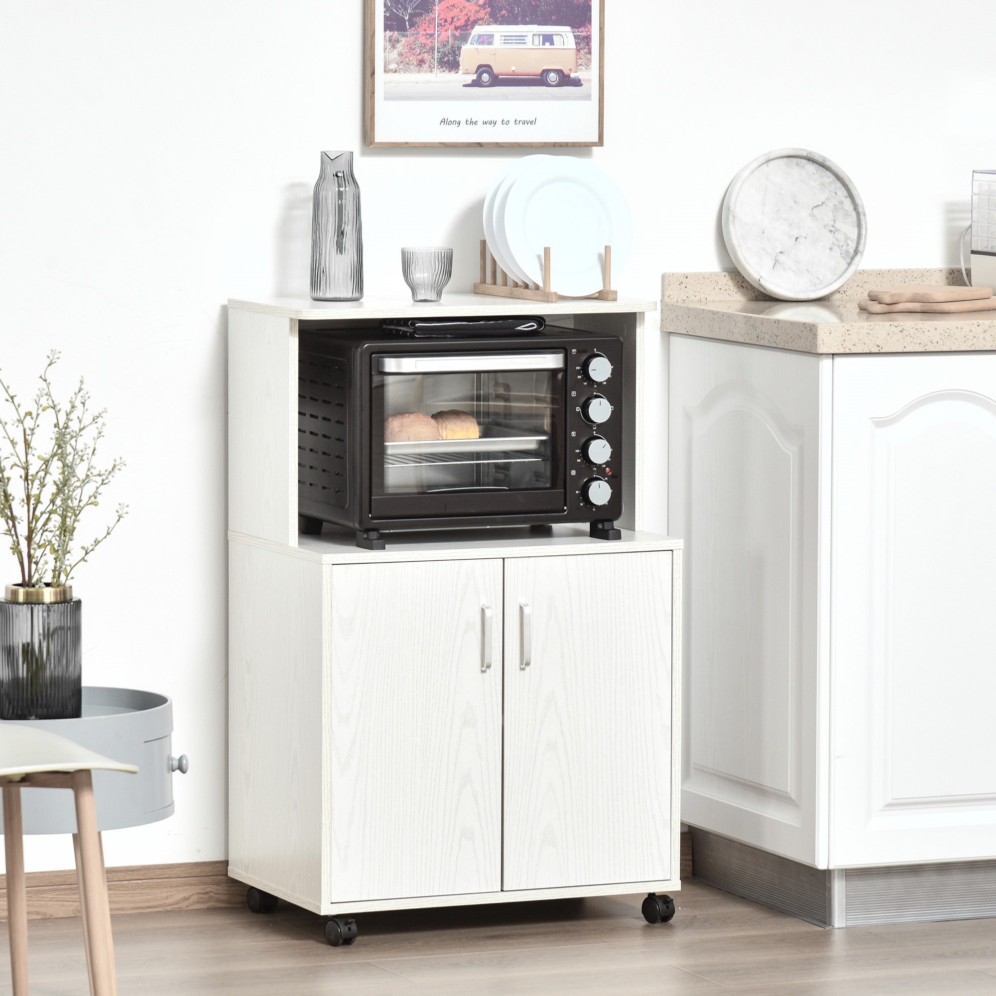 Easycomfort Mobile Cucina Multiuso con Ruote, Armadietto e Ripiano per Microonde, Credenza Alta in Legno Truciolare, 60.4x40.3x97cm Bianco