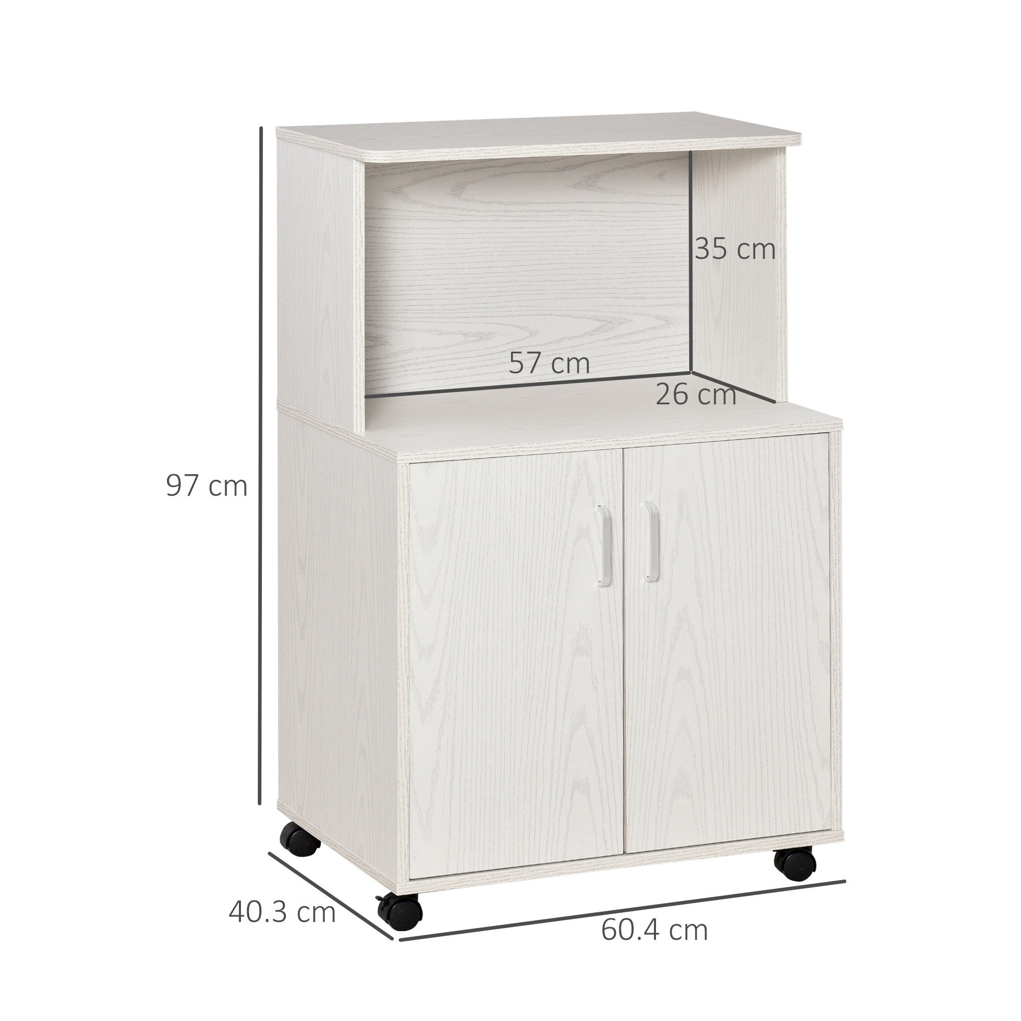 Easycomfort Mobile Cucina Multiuso con Ruote, Armadietto e Ripiano per Microonde, Credenza Alta in Legno Truciolare, 60.4x40.3x97cm Bianco