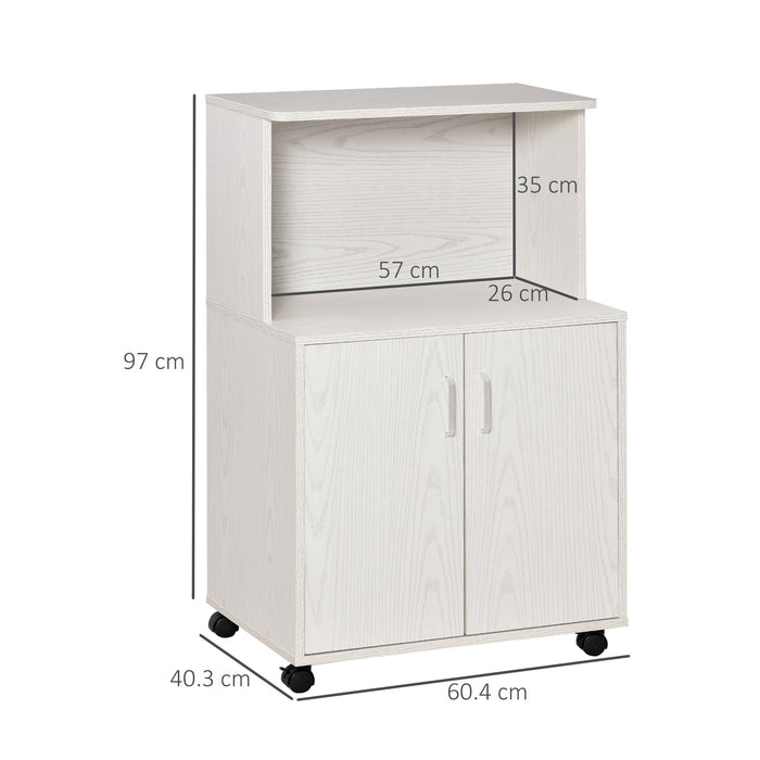 Easycomfort Mobile Cucina Multiuso con Ruote, Armadietto e Ripiano per Microonde, Credenza Alta in Legno Truciolare, 60.4x40.3x97cm Bianco
