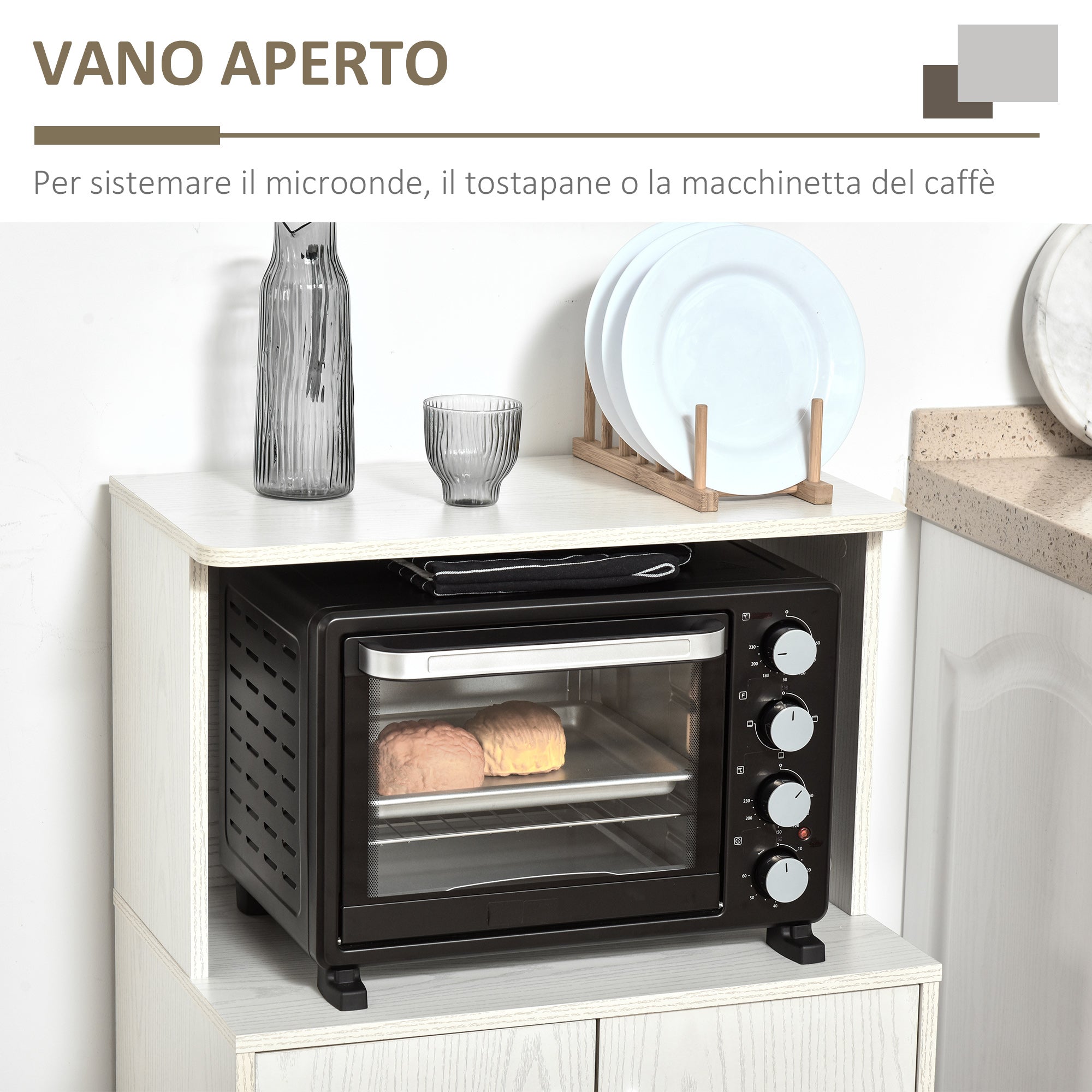 Easycomfort Mobile Cucina Multiuso con Ruote, Armadietto e Ripiano per Microonde, Credenza Alta in Legno Truciolare, 60.4x40.3x97cm Bianco