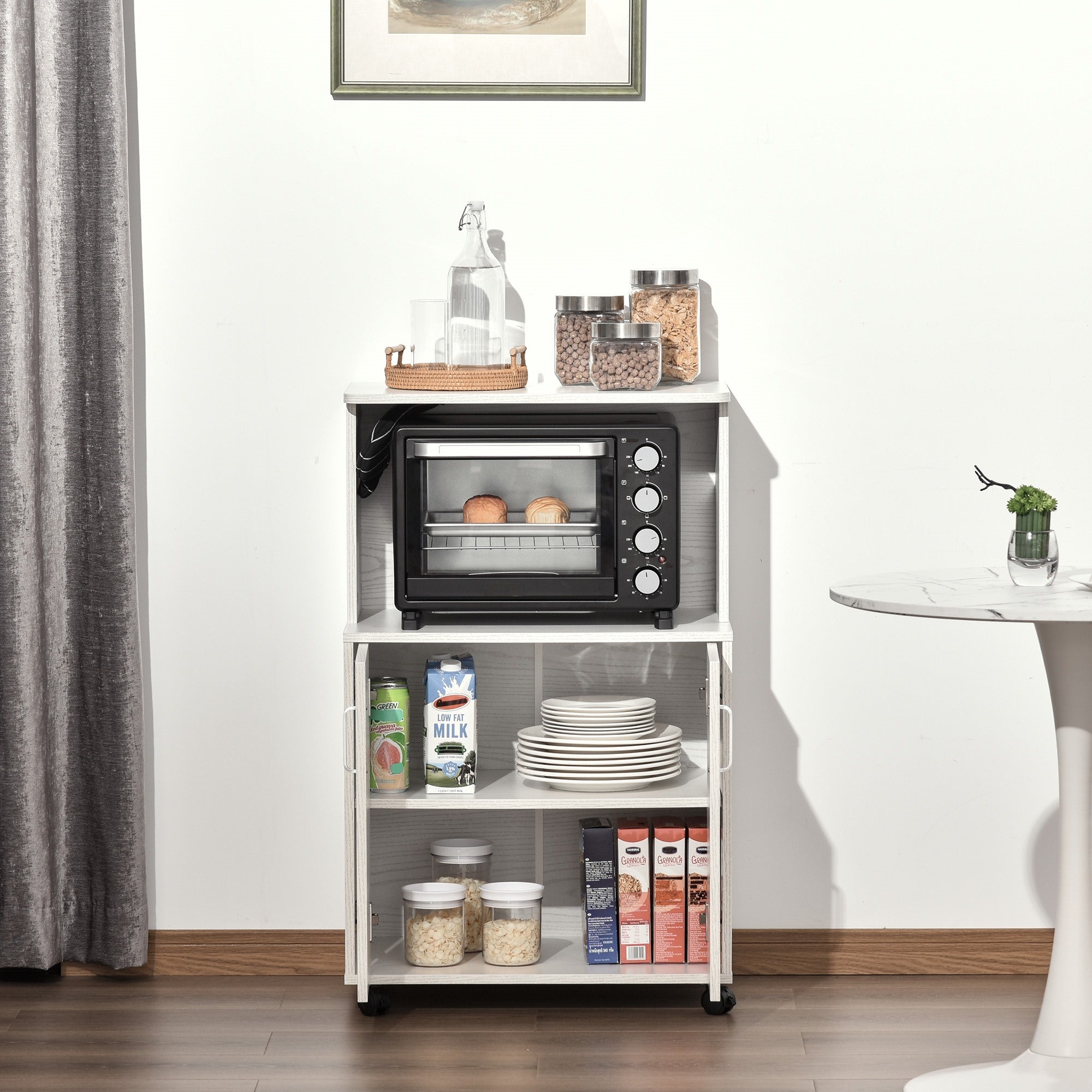 Easycomfort Mobile Cucina Multiuso con Ruote, Armadietto e Ripiano per Microonde, Credenza Alta in Legno Truciolare, 60.4x40.3x97cm Bianco