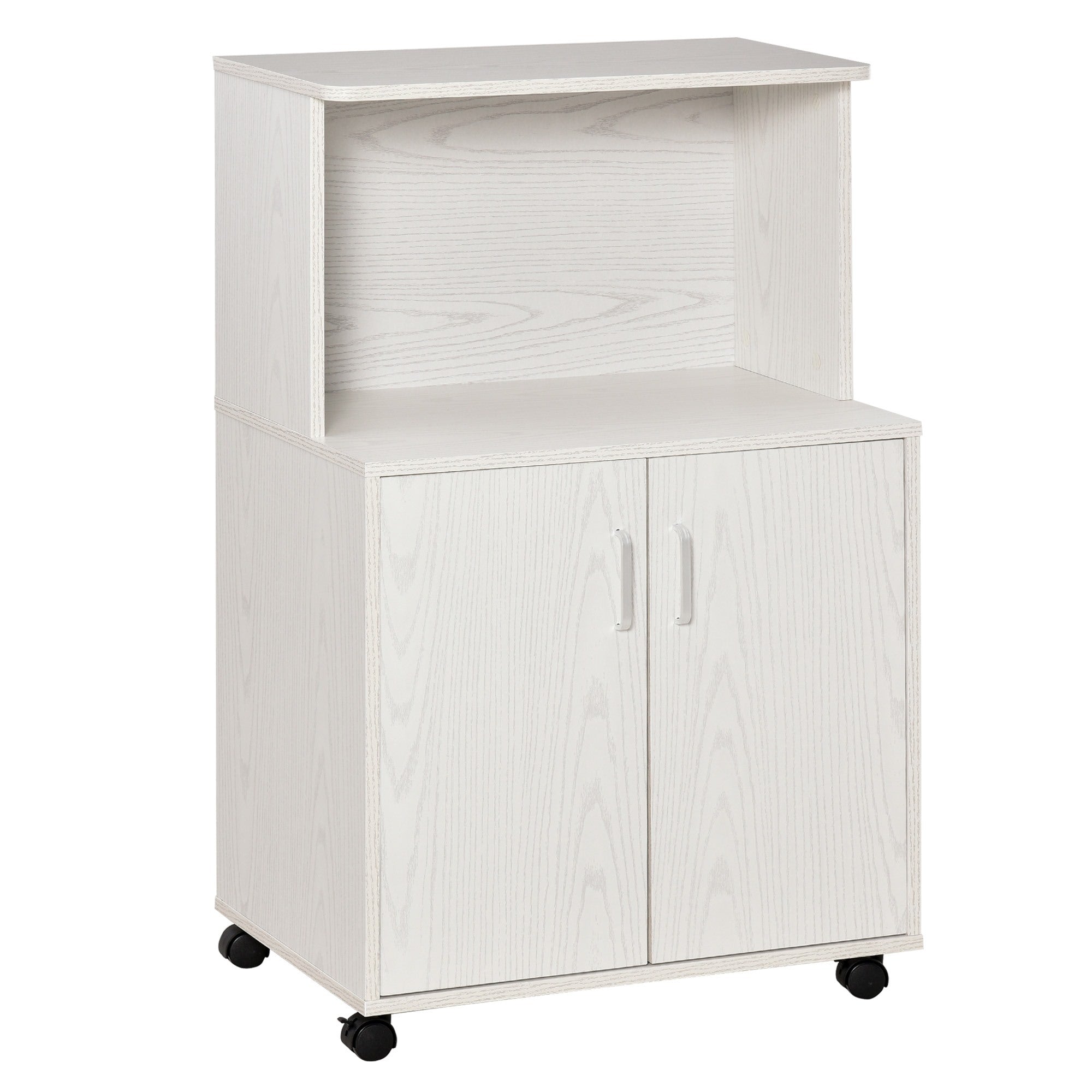 Easycomfort Mobile Cucina Multiuso con Ruote, Armadietto e Ripiano per Microonde, Credenza Alta in Legno Truciolare, 60.4x40.3x97cm Bianco