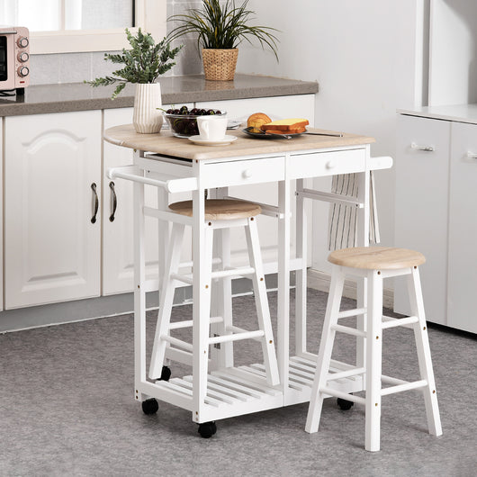 Easycomfort Carrello da Cucina Pieghevole, Mobile da Cucina Salvaspazio con 2 Sgabelli 2 Cassetti 5 Ruote (Rotazione 360°), Legno MDF Bianco