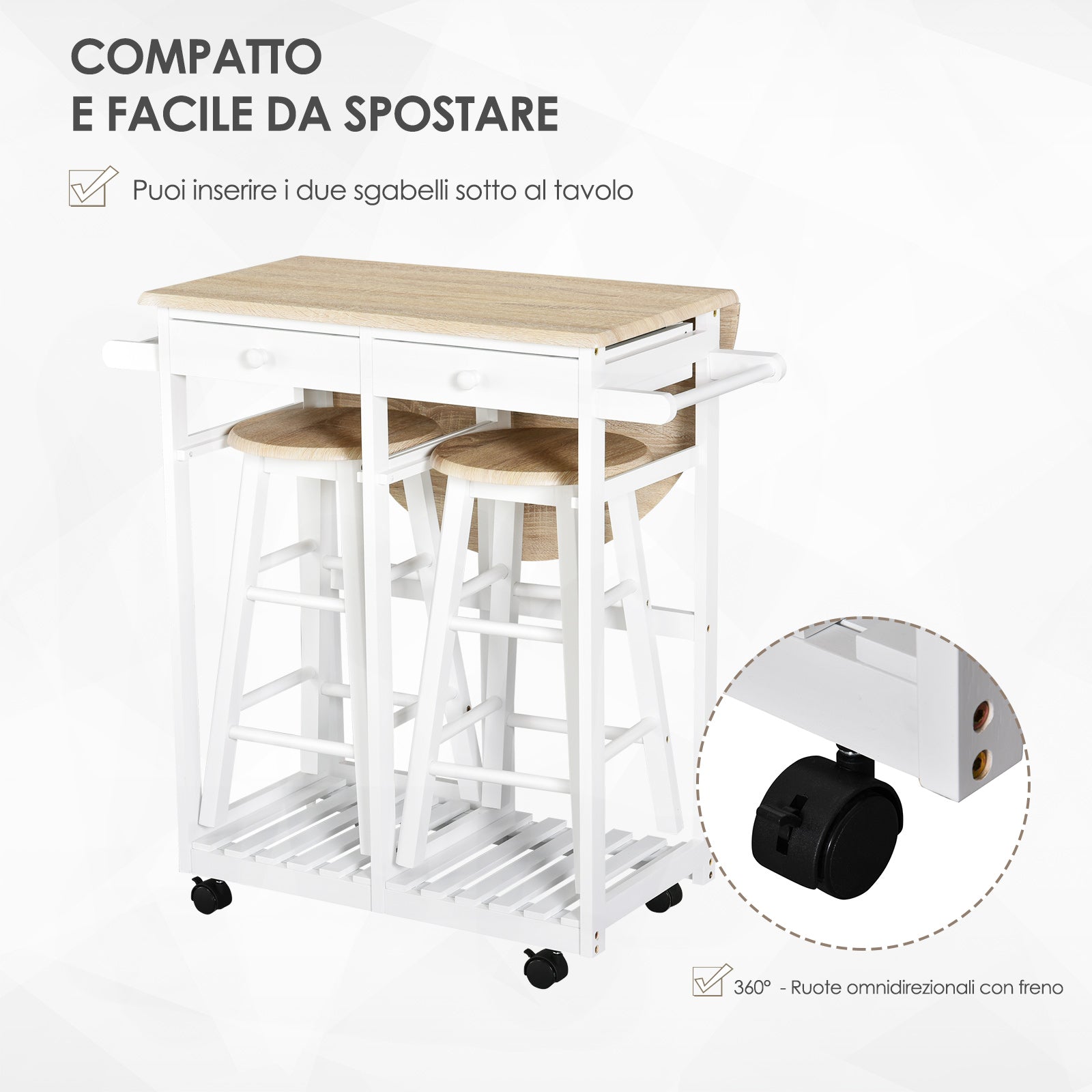 Easycomfort Carrello da Cucina Pieghevole, Mobile da Cucina Salvaspazio con 2 Sgabelli 2 Cassetti 5 Ruote (Rotazione 360°), Legno MDF Bianco