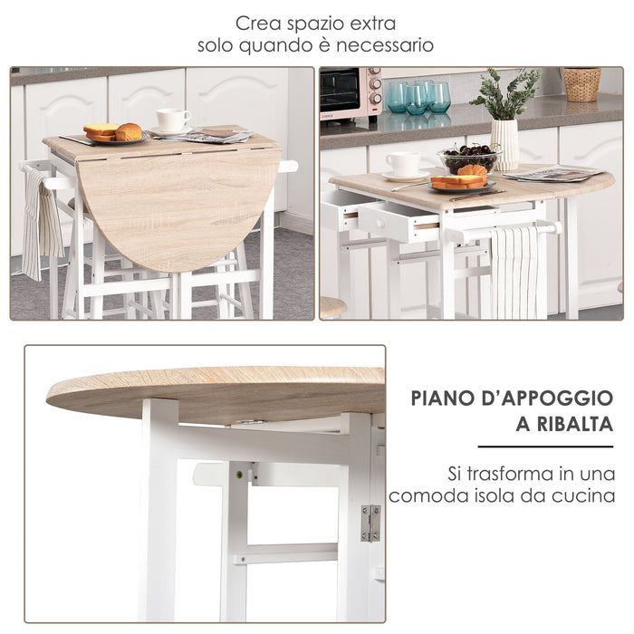 Easycomfort Carrello da Cucina Pieghevole, Mobile da Cucina Salvaspazio con 2 Sgabelli 2 Cassetti 5 Ruote (Rotazione 360°), Legno MDF Bianco