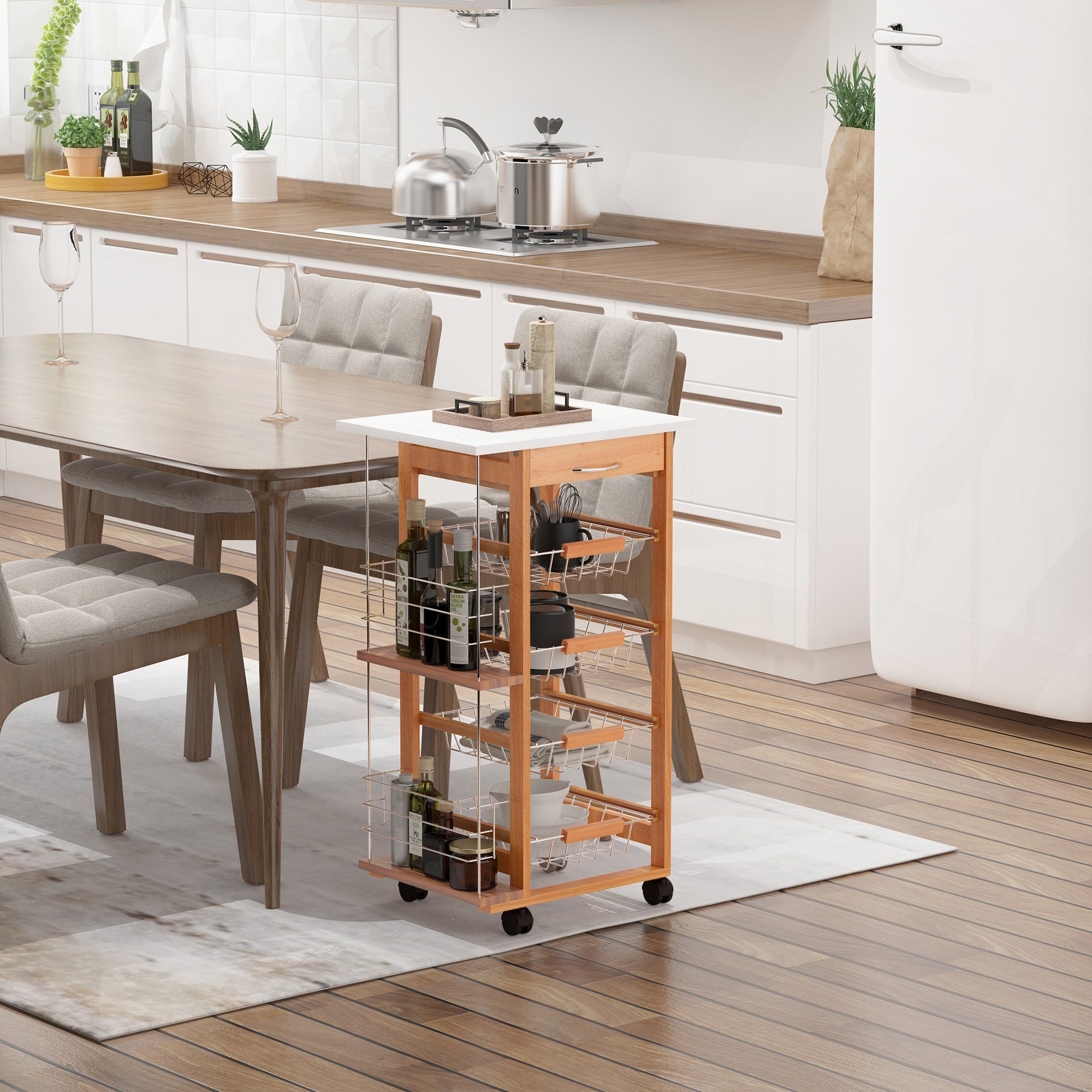 Easycomfort Carrello da Cucina in Legno Marrone con 1 Cassetto e 4 Cestelli Metallici