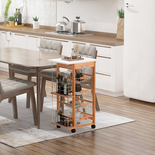 Easycomfort Carrello da Cucina in Legno Marrone con 1 Cassetto e 4 Cestelli Metallici