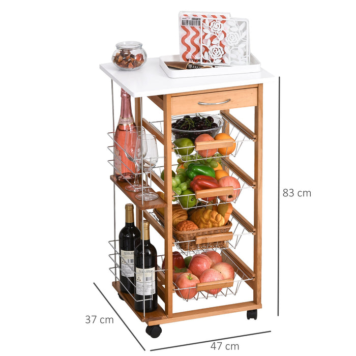 Easycomfort Carrello da Cucina in Legno Marrone con 1 Cassetto e 4 Cestelli Metallici