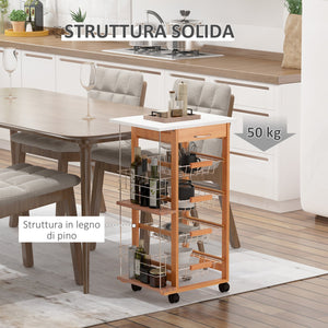 Easycomfort Carrello da Cucina in Legno Marrone con 1 Cassetto e 4 Cestelli Metallici