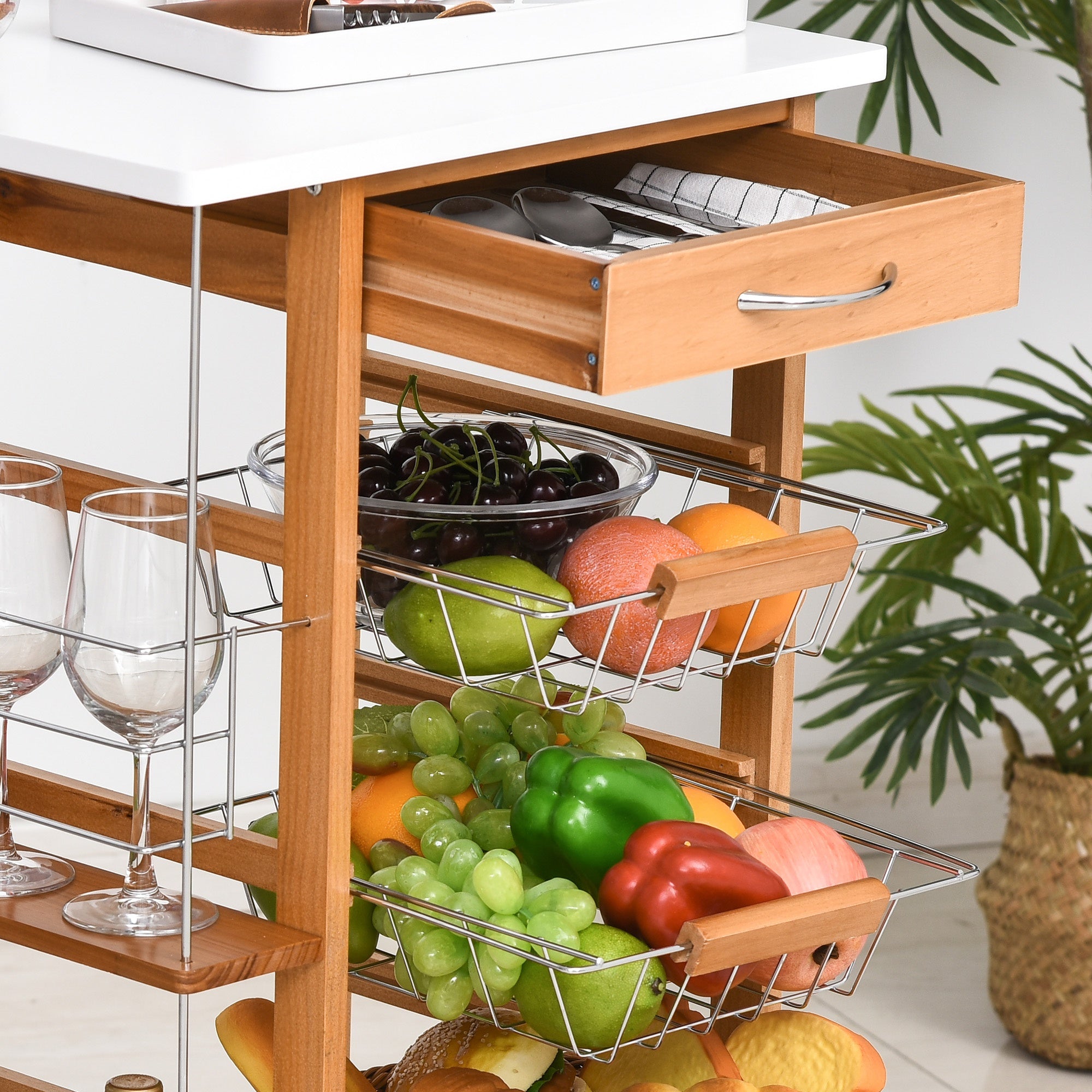 Easycomfort Carrello da Cucina in Legno Marrone con 1 Cassetto e 4 Cestelli Metallici