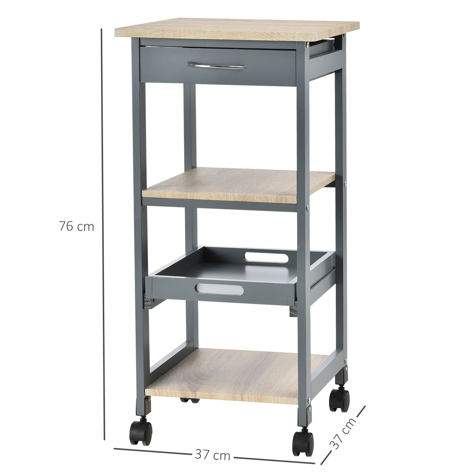 Easycomfort Carrello da Cucina Portavivande con Cassetto, 2 Ripiani e Vassoio Estraibile, 37x37x76cm, Grigio