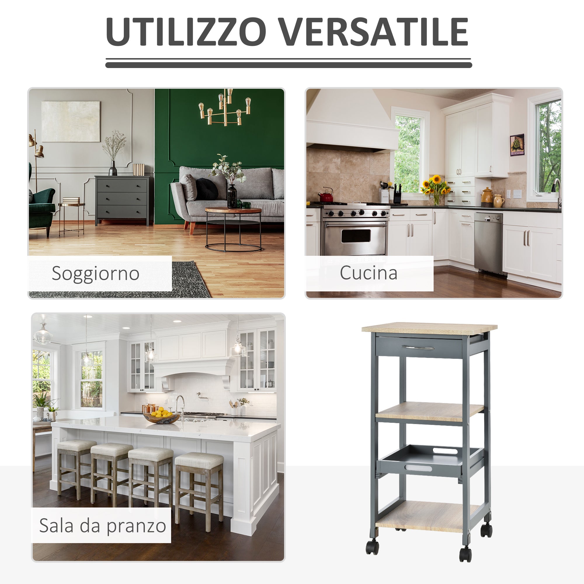 Easycomfort Carrello da Cucina Portavivande con Cassetto, 2 Ripiani e Vassoio Estraibile, 37x37x76cm, Grigio