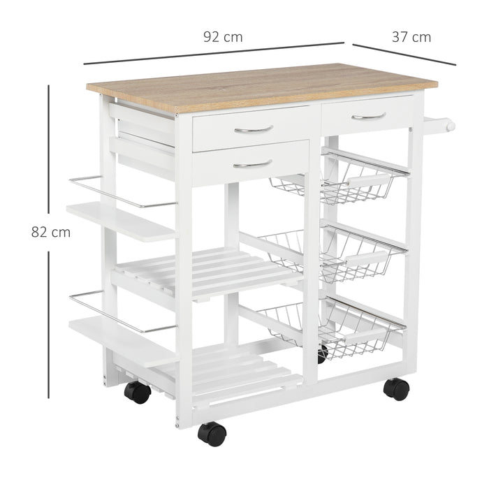 Easycomfort Carrello da Cucina con Ruote, Mobile da Cucina Salvaspazio in Legno Massiccio: 3 Cassetti, 3 Cestelli, 2 Portaspezie, 2 Ripiani, 92x37x82 cm