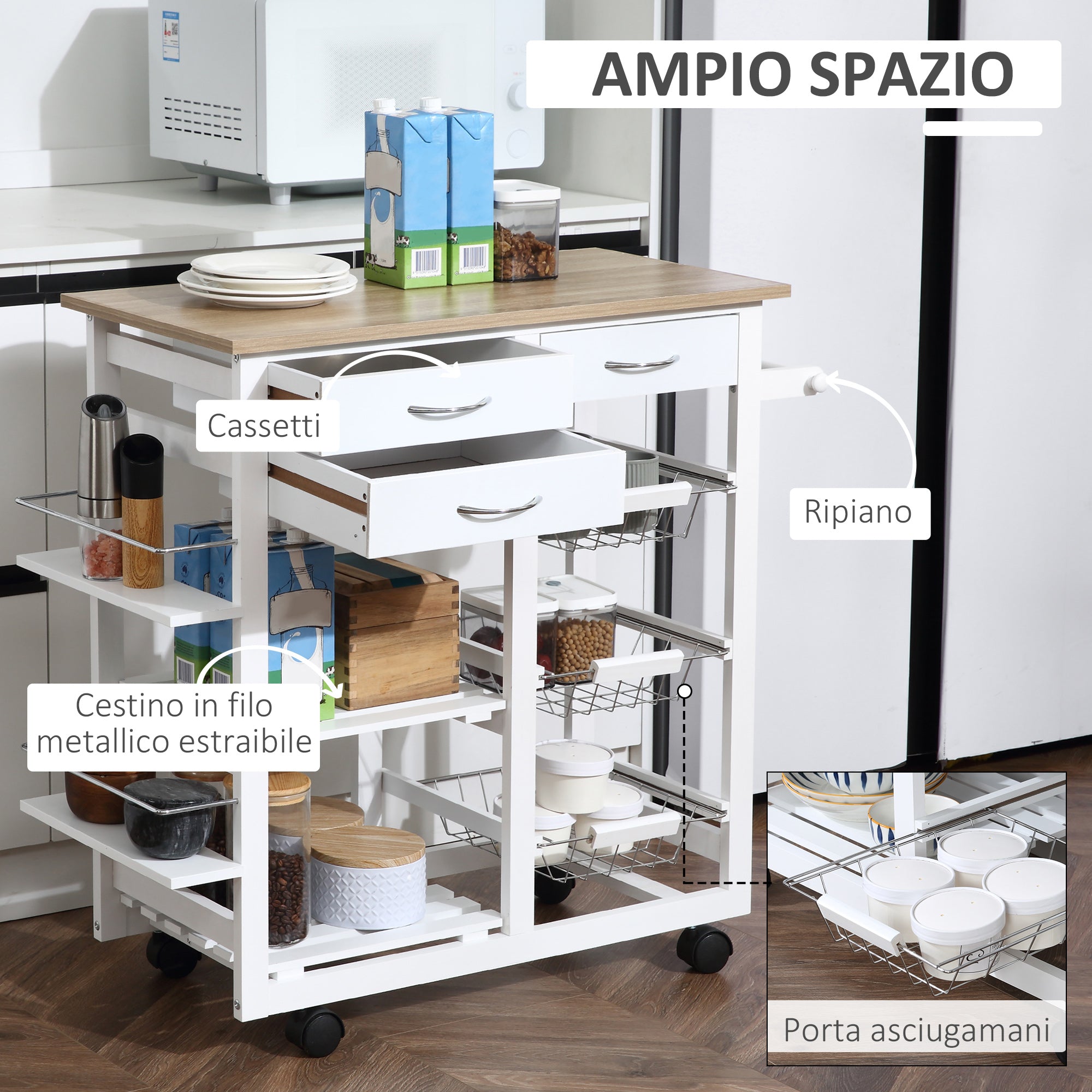 Easycomfort Carrello da Cucina con Ruote, Mobile da Cucina Salvaspazio in Legno Massiccio: 3 Cassetti, 3 Cestelli, 2 Portaspezie, 2 Ripiani, 92x37x82 cm