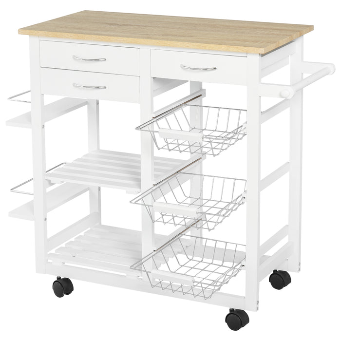 Easycomfort Carrello da Cucina con Ruote, Mobile da Cucina Salvaspazio in Legno Massiccio: 3 Cassetti, 3 Cestelli, 2 Portaspezie, 2 Ripiani, 92x37x82 cm