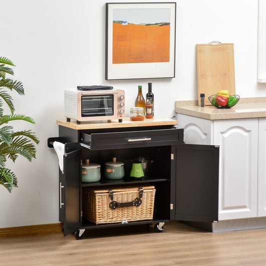 Easycomfort Carrello da Cucina con Cassetti, Portaspezie e Armadietto, Carrelloda Portata con 4 Ruote e Piano di Lavoro in Legno, 109x40x89cm, Nero