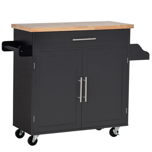 Easycomfort Carrello da Cucina con Cassetti, Portaspezie e Armadietto, Carrelloda Portata con 4 Ruote e Piano di Lavoro in Legno, 109x40x89cm, Nero