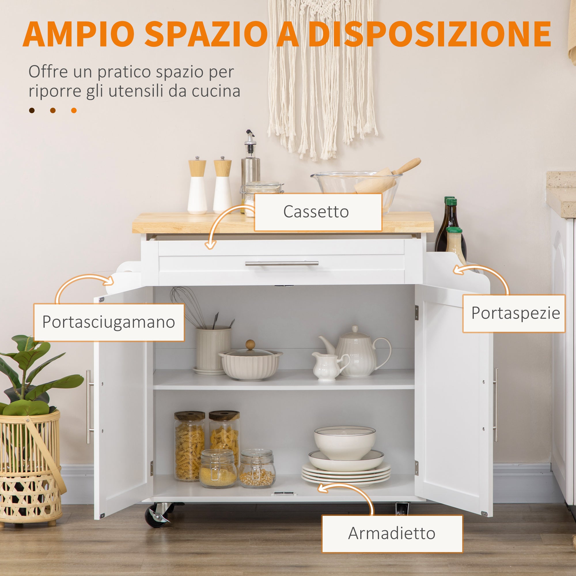 Easycomfort Carrello da Cucina con Cassetto, Portaspezie, Armadietto e 4 Ruote, 109x40x89cm, Bianco