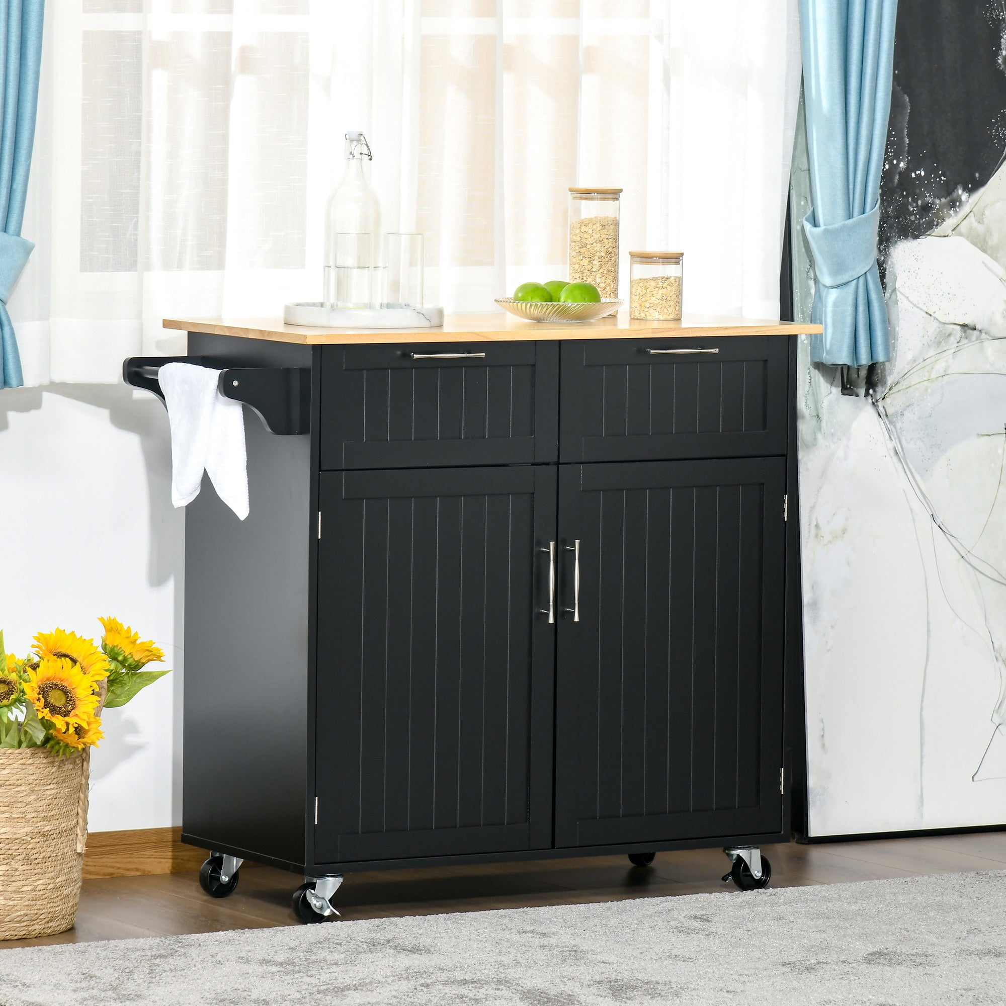 EasyComfort Carrello da Cucina Multiuso in Legno con 2 Cassetti, Armadietto e 4 Ruote, 104x46x91cm, Nero
