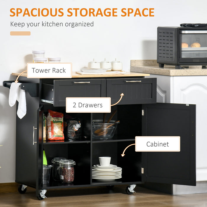 EasyComfort Carrello da Cucina Multiuso in Legno con 2 Cassetti, Armadietto e 4 Ruote, 104x46x91cm, Nero