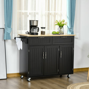 Easycomfort Carrello da Cucina in Legno con 2 Cassetti, Armadietto 3 Ante e 4 Ruote, 121x46x91cm, Nero