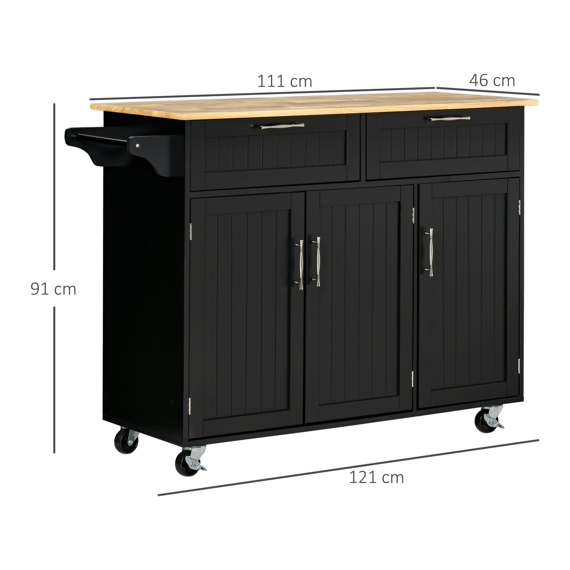 Easycomfort Carrello da Cucina in Legno con 2 Cassetti, Armadietto 3 Ante e 4 Ruote, 121x46x91cm, Nero