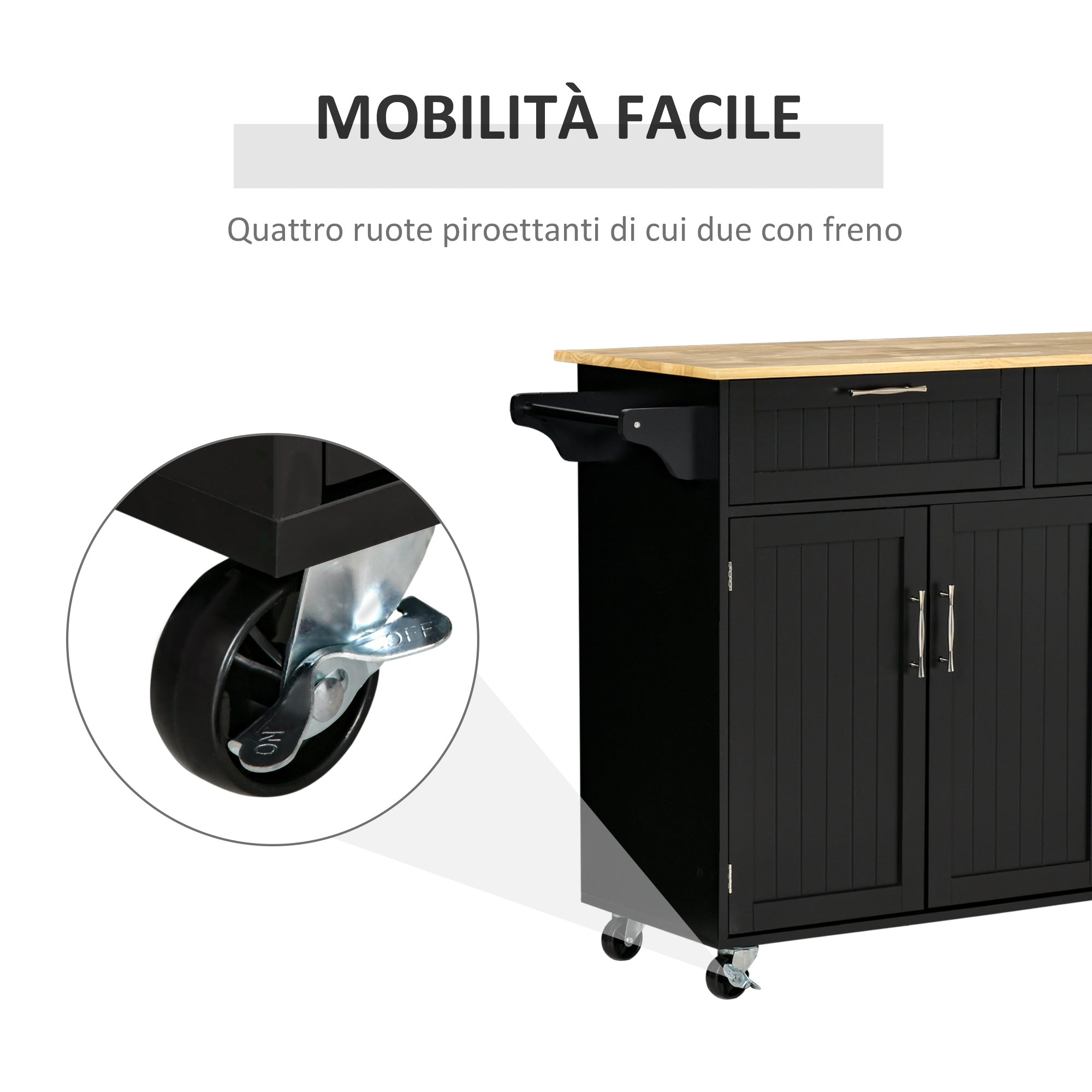 Easycomfort Carrello da Cucina in Legno con 2 Cassetti, Armadietto 3 Ante e 4 Ruote, 121x46x91cm, Nero