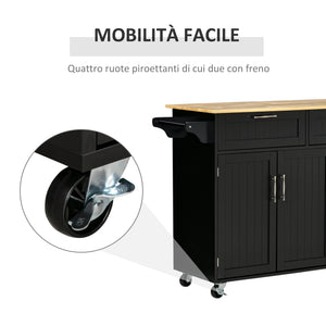 Easycomfort Carrello da Cucina in Legno con 2 Cassetti, Armadietto 3 Ante e 4 Ruote, 121x46x91cm, Nero
