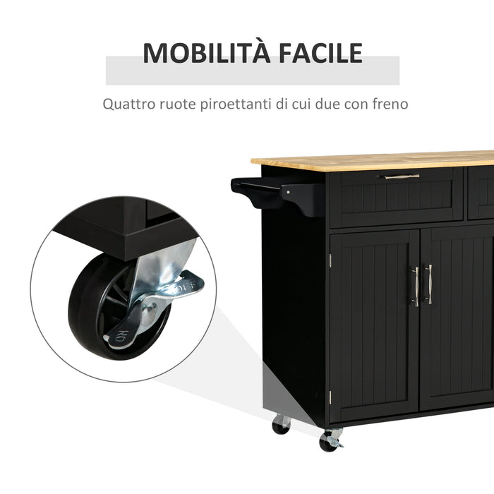 Easycomfort Carrello da Cucina in Legno con 2 Cassetti, Armadietto 3 Ante e 4 Ruote, 121x46x91cm, Nero