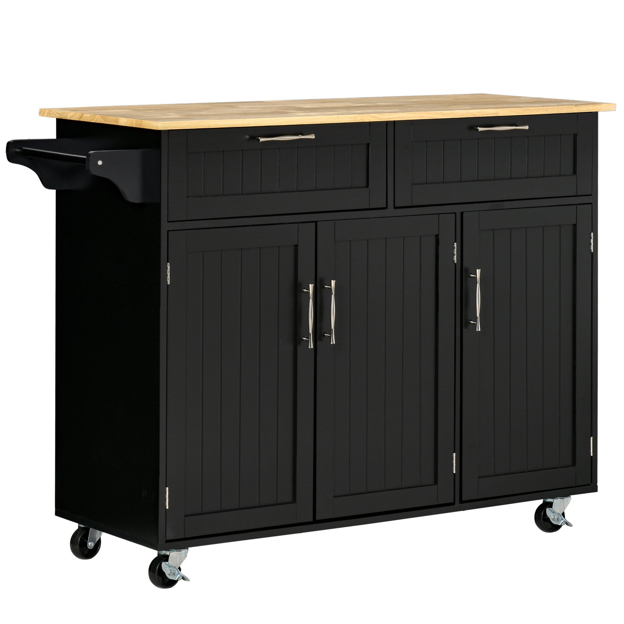 Easycomfort Carrello da Cucina in Legno con 2 Cassetti, Armadietto 3 Ante e 4 Ruote, 121x46x91cm, Nero
