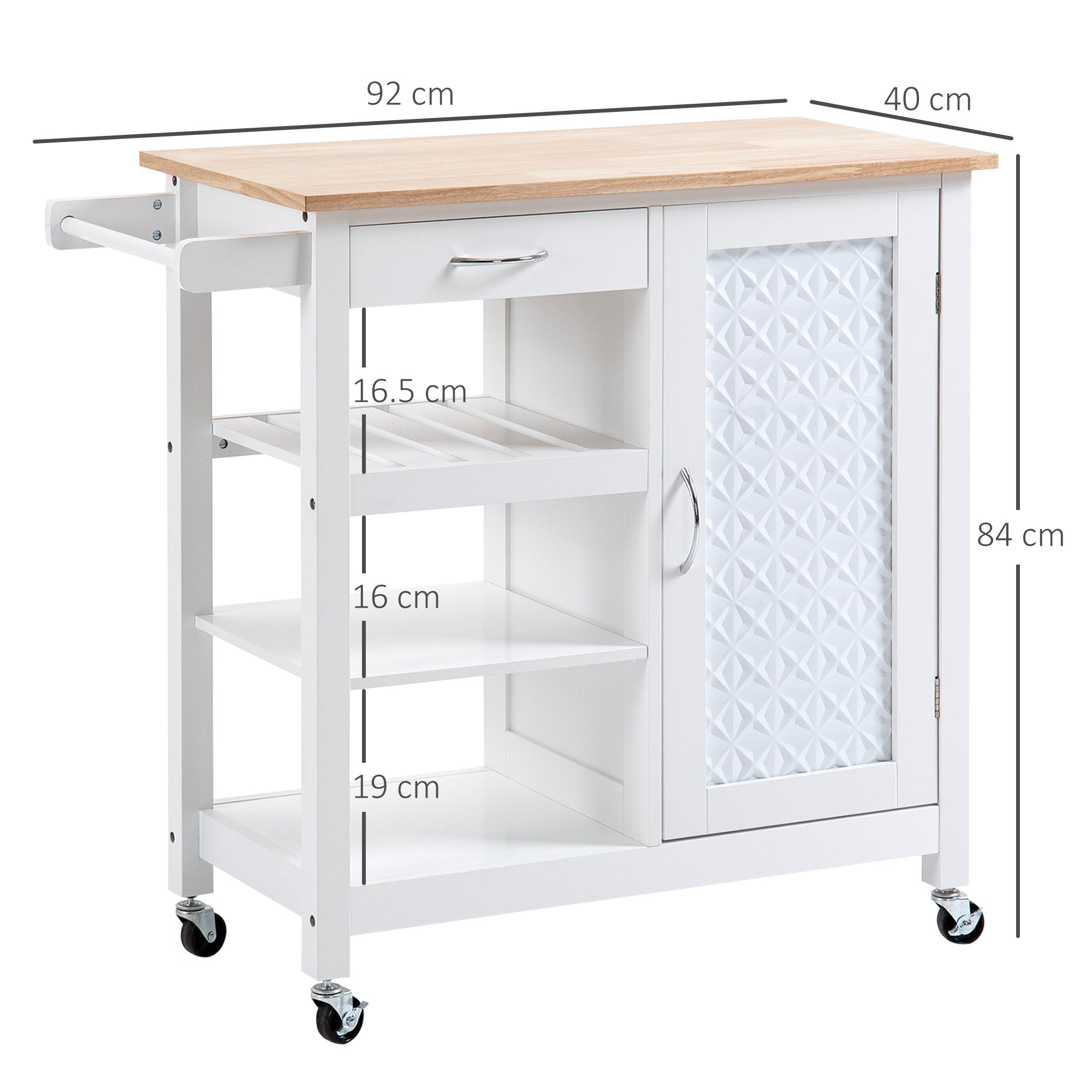 EASYCOMFORT  Carrello da Cucina con 1 Cassetto, 1 Armadietto e 1 Ripiano a 3 Livelli, 92x40x84cm, Bianco