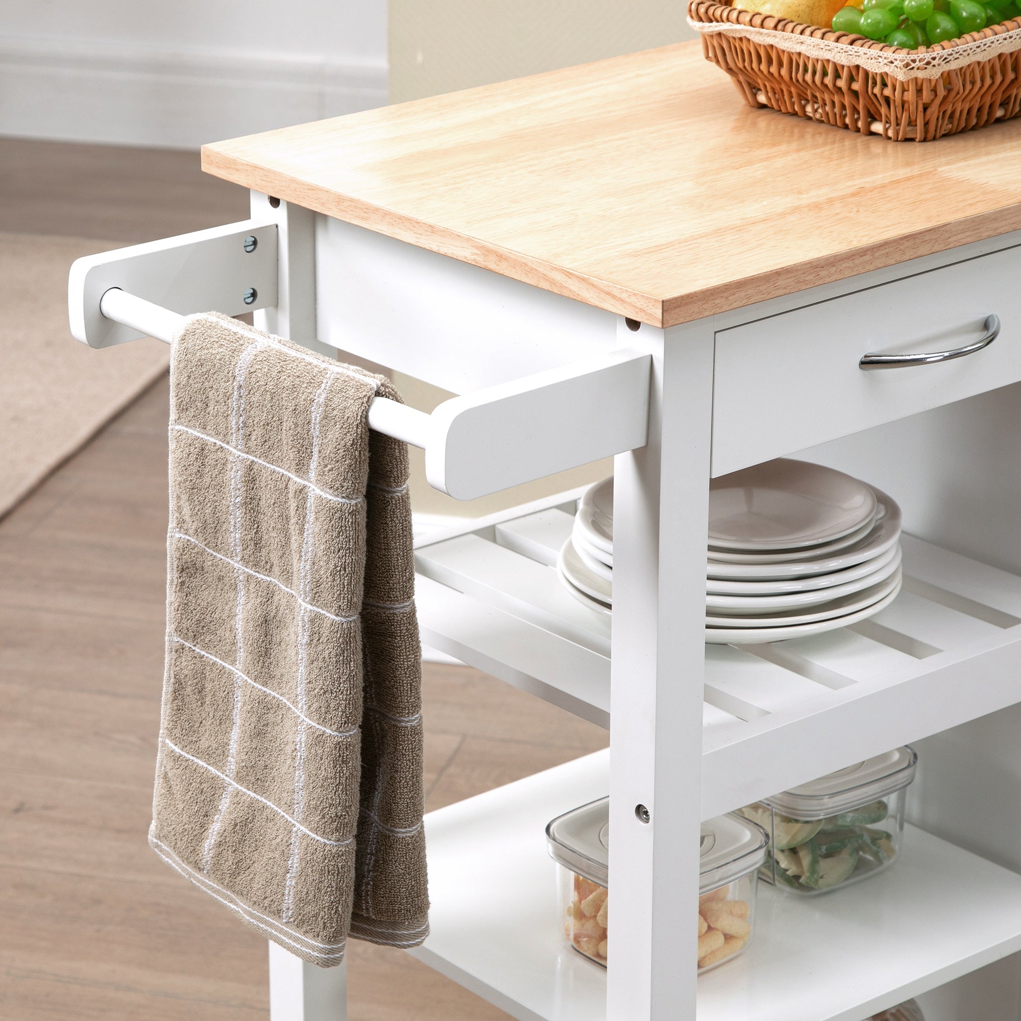 EASYCOMFORT  Carrello da Cucina con 1 Cassetto, 1 Armadietto e 1 Ripiano a 3 Livelli, 92x40x84cm, Bianco