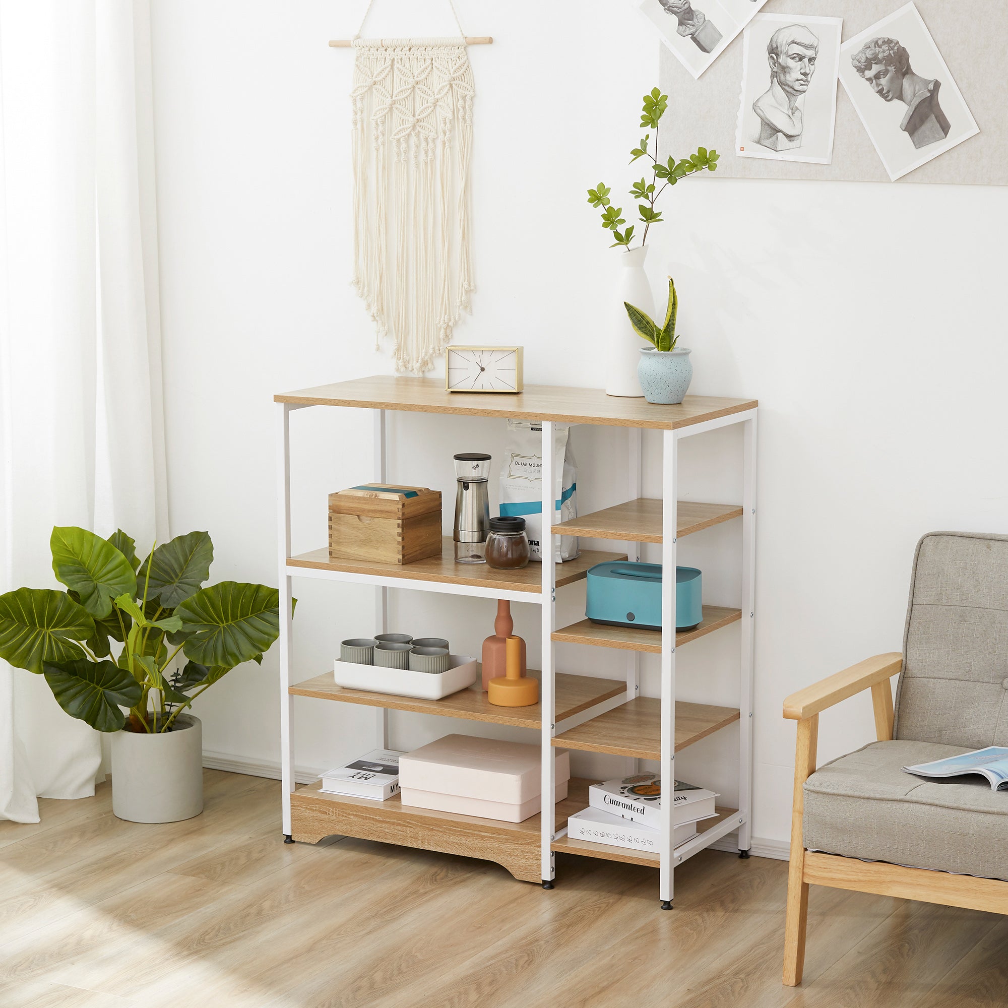 Easycomfort Scaffale da Cucina Basso Salvaspazio Stile Industriale, Mobiletto con 7 Ripiani per Cucina in Metallo e Legno, 90x40x95cm, Bianco