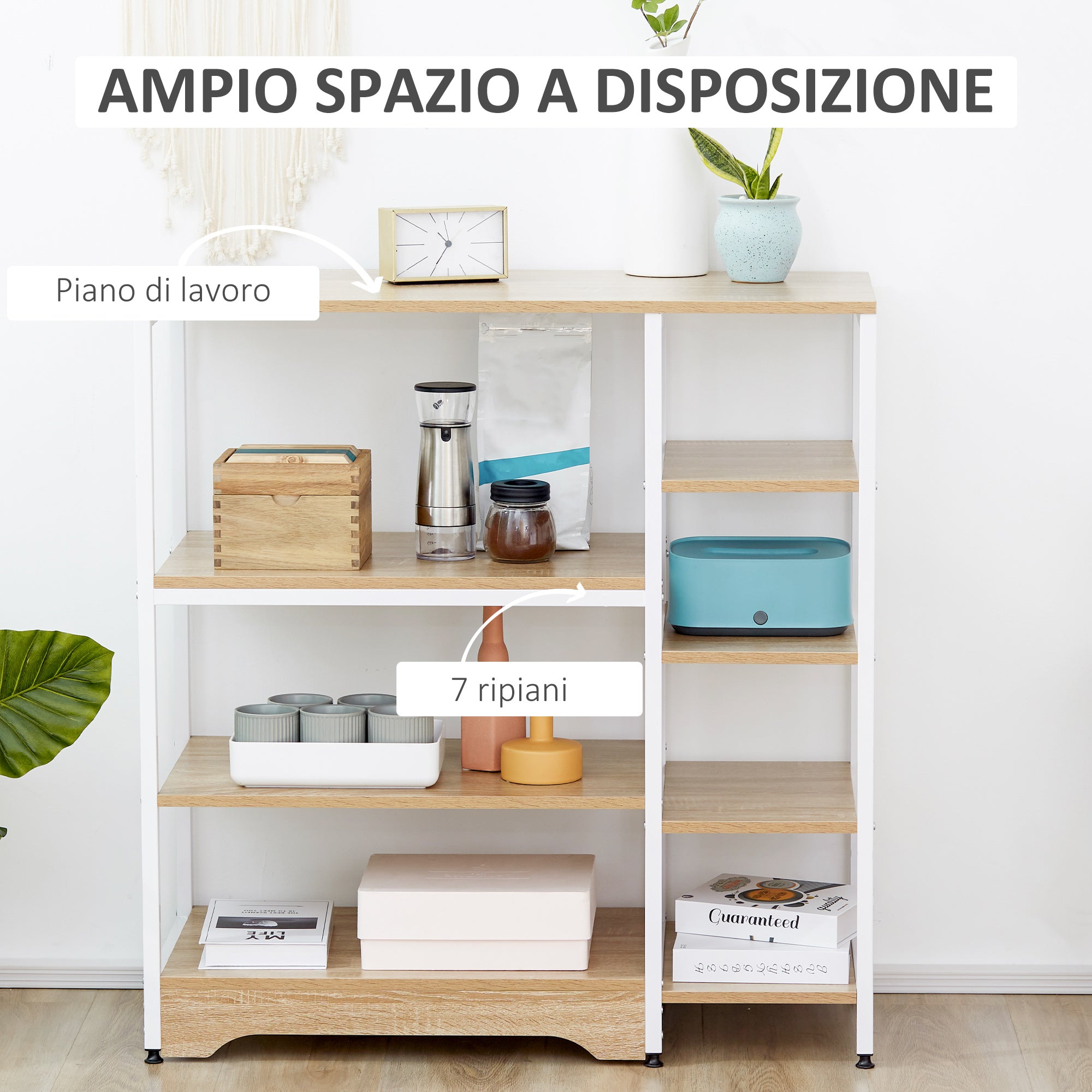 Easycomfort Scaffale da Cucina Basso Salvaspazio Stile Industriale, Mobiletto con 7 Ripiani per Cucina in Metallo e Legno, 90x40x95cm, Bianco