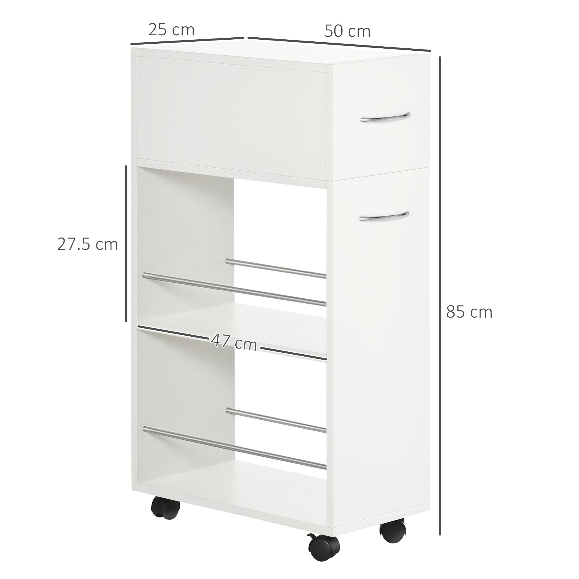 EASYCOMFORT  Carrello da Cucina in Truciolato e Acciaio Inox con 2 Ripiani Aperti, Cassetto Estraibile e Parapetti, 25x50x85 cm