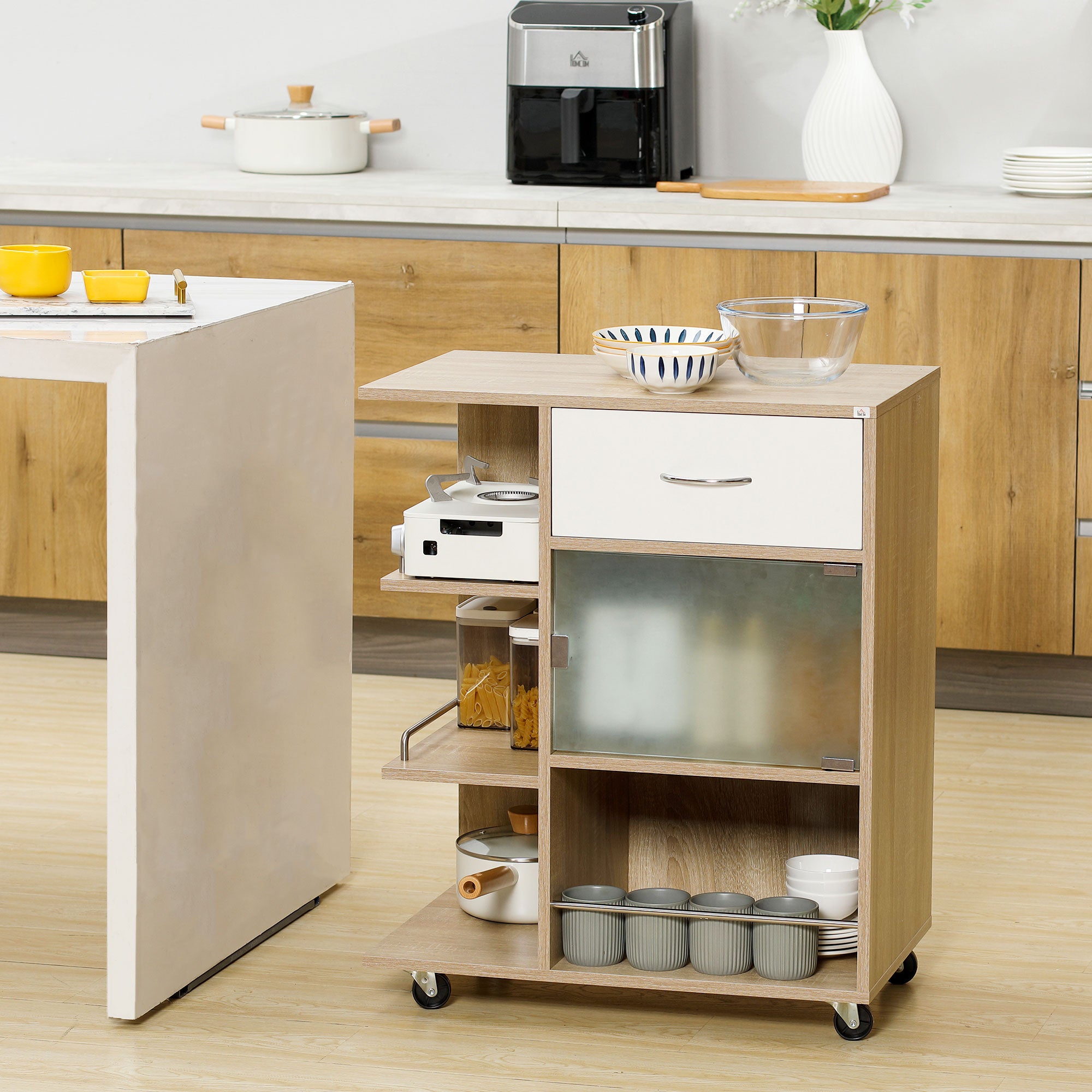 EASYCOMFORT  Carrello da Cucina Portavivande con Cassetto, Ripiani e Armadietto in Legno, Acciaio e Vetro, 65x39x80cm