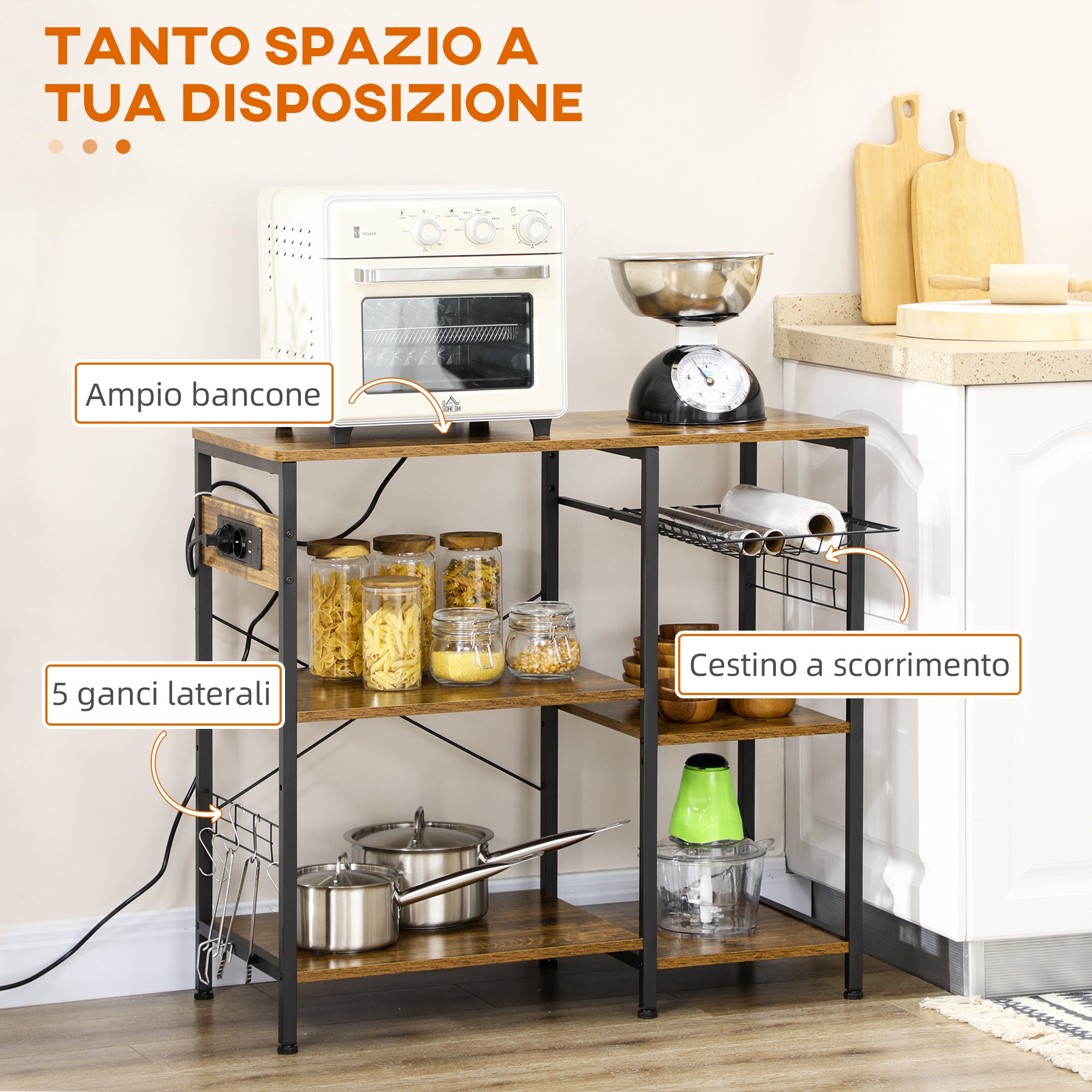 Easycomfort Mobile da Cucina a 3 ripiani in Truciolato con Presa di corrente, Porta USB e Cestino, 90x40x83cm